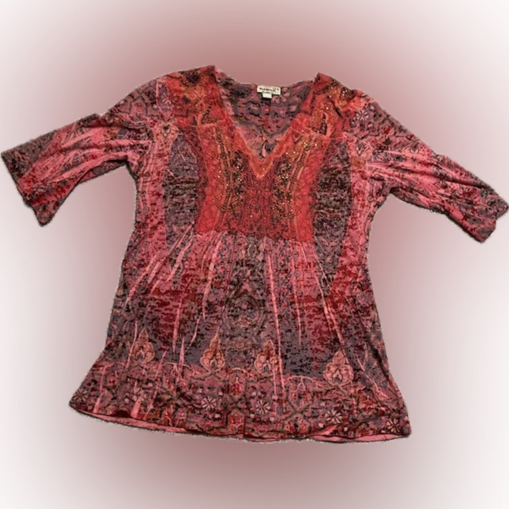 Vintage ONE WORLD Pink Graphic Tunic with 3/4 Sleeves